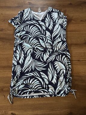 Chico's Navy and White Tropical Leaf Midi Dress